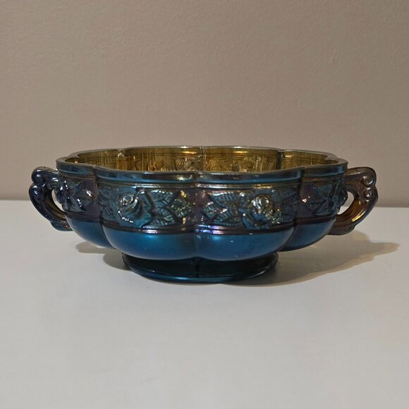 Vintage Jeanette Aztec Rose Blue Carnival Glass Double Handed Bowl - Picture 2 of 7